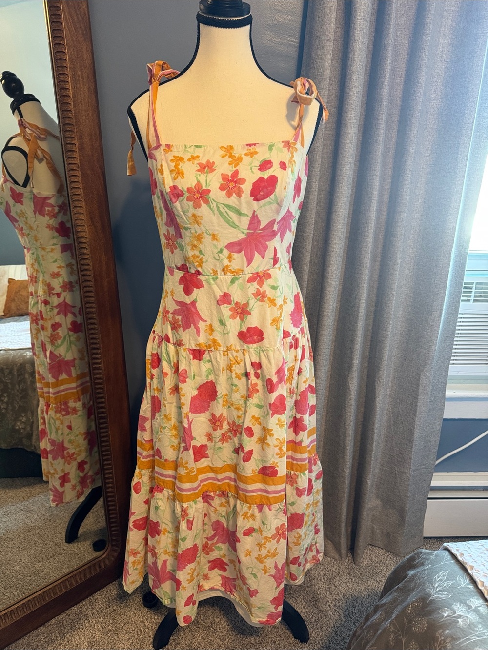 Francesca's Collections Pink, Yellow and Green Floral Tie-Shoulder Midi Dress